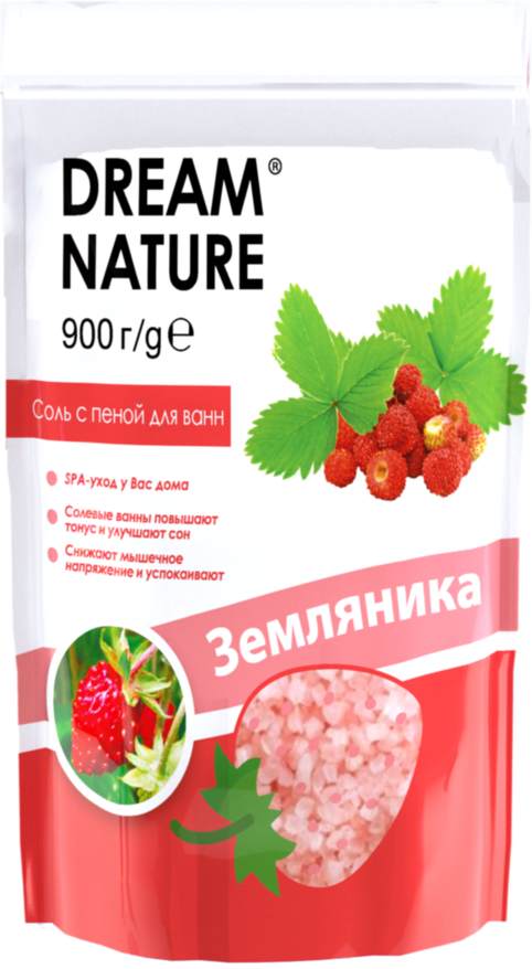 Соль натуральная с пеной для ванн "Земляника" в пакете дой-пак, 900 гр.