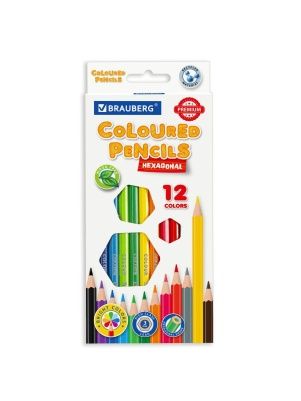 Карандаши цветные "BRAUBERG" PREMIUM 12цв, пластиковые, шестигранные