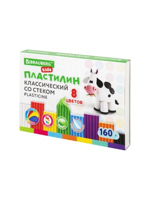 Пластилин классический "BRAUBERG KIDS" 8цв, 160г, со стеком