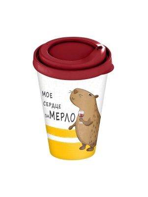 Стакан с крышкой 420мл с декором с клапаном "Веселые надписи" (красный)