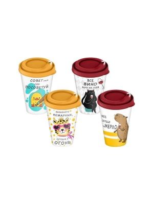 Стакан с крышкой 420мл с декором с клапаном "Веселые надписи" (красный)