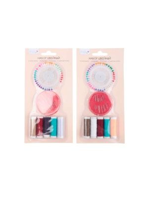 Набор швейный: булавки 3,5 см - 40 шт, иголки - 12 шт, нитки - 5 цветов