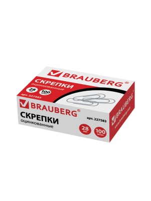 Скрепки "BRAUBERG" оцинкованные, 100шт, 28мм, в картон.коробке